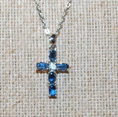 Small Deep Blue Stones Cross PENDANT (1" x ½") with Clear Center Stone on a Silver Tone Necklace Chain 18" L