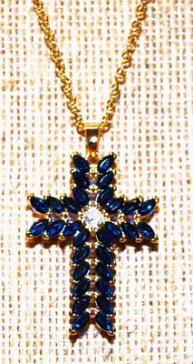 30 Dark Blue Marquis Cut Stones Cross PENDANT (1" x ¾") on a Gold Tone Necklace 18" L