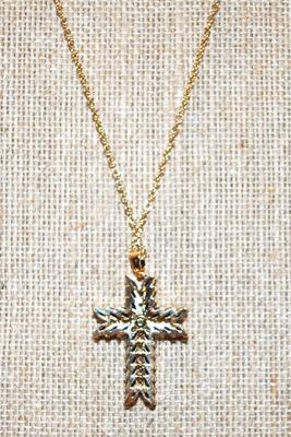30 Dark Blue Marquis Cut Stones Cross PENDANT (1" x ¾") on a Gold Tone Necklace 18" L
