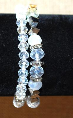 2 Piece Expandable Bracelet Set with Clear & Silver Colored Rhombus Beads 3 " Diameter