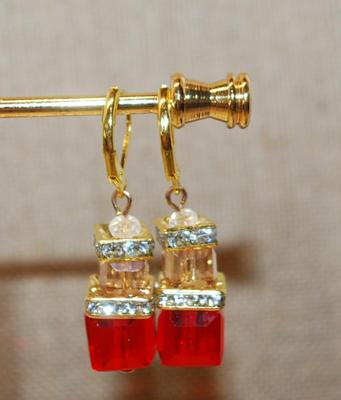 Set of Red Cube Earrings (1" x ¼") with a Gold Tone Lobster Style Clasp