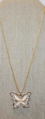 Flesh Colored Main Stones Butterfly PENDANT (1½" x 1¼") with Clear Stone Accents on a Gold Tone Necklace Chain 27" L