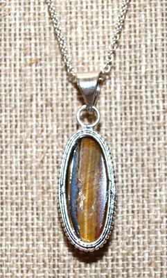 Long Thin Oblong Tiger Eye PENDANT (1½" x ¾") on an Adjustable Silver Tone Necklace Chain 13"-17" L