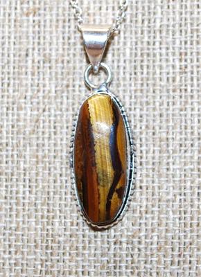 Long Thin Oblong Tiger Eye PENDANT (1½" x ¾") on an Adjustable Silver Tone Necklace Chain 13"-17" L