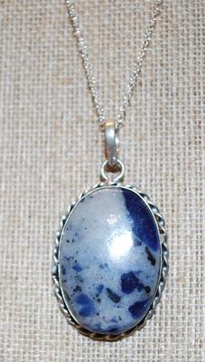 Large Oval Blue & Gray Stone PENDANT (1¼" x 1") on a Silver Tone Necklace Chain 20" L