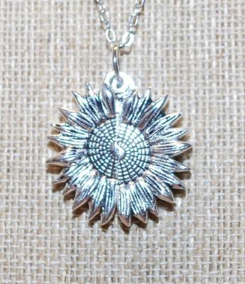 Double Sided OPENS to "You Are My Sunshine" -- All Silver Tone Sun PENDANT (1" Diameter) on a Silver Tone Necklace Chain...