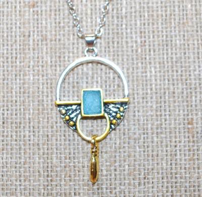 Unique Polymer Blue/Green Square Set in a Graphic Designed PENDANT (¾" Diameter) on a Silver Tone Necklace Chain 18" L