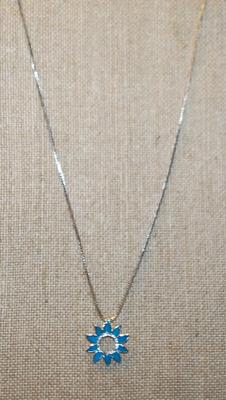 Aquamarine 10 Point Star Flower PENDANT (¾" circ.) on a Silver Tone ADJUSTABLE Chain 17"-19" L