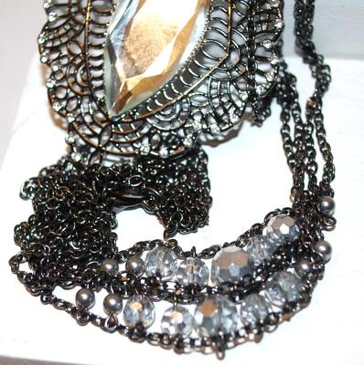 Diamond Shape Clear Acrylic PENDANT (3" x 2") on Black Designed Clear Stones Perimeter-NOTE the Unique UPPER CHAIN ACCENTS...
