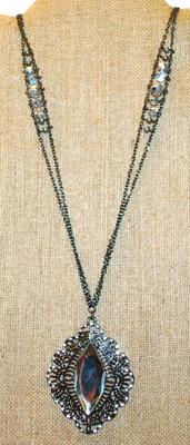 Diamond Shape Clear Acrylic PENDANT (3" x 2") on Black Designed Clear Stones Perimeter-NOTE the Unique UPPER CHAIN ACCENTS...