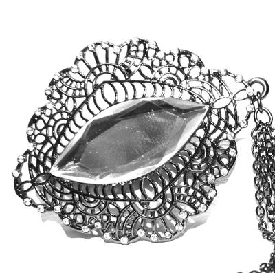 Diamond Shape Clear Acrylic PENDANT (3" x 2") on Black Designed Clear Stones Perimeter-NOTE the Unique UPPER CHAIN ACCENTS...