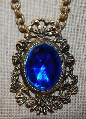 Large Vintage Theatrical Designed Oval Blue Faceted Stone PENDANT (3" X 2") on a Solid Bronze Styled Necklace Chain 28" L
