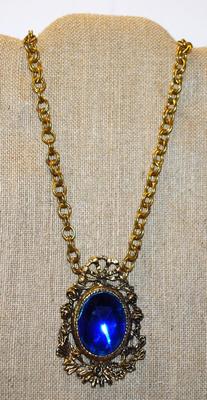 Large Vintage Theatrical Designed Oval Blue Faceted Stone PENDANT (3" X 2") on a Solid Bronze Styled Necklace Chain 28" L