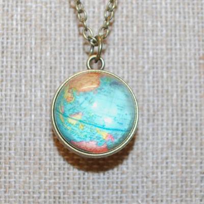 Double Sided World Globe PENDANT (1" Circumference) on a Brass-Styled Necklace Chain 20" L