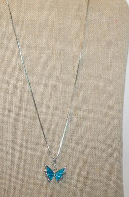 Aquamarine Enameled Butterfly PENDANT (1¼" x 1" ) on a Silver Tone ADJUSTABLE Chain 17"-19" L