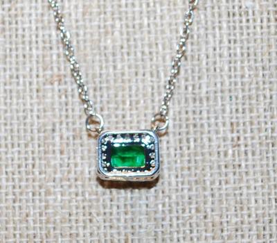 Double Hooked Green Rectangle Stone PENDANT (½" x ¼") with Full Clear Stone Surround on a Silver Tone Necklace Chain 17" L