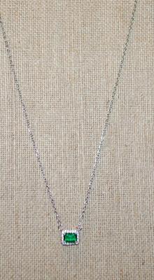 Double Hooked Green Rectangle Stone PENDANT (½" x ¼") with Full Clear Stone Surround on a Silver Tone Necklace Chain 17" L