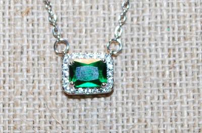 Double Hooked Green Rectangle Stone PENDANT (½" x ¼") with Full Clear Stone Surround on a Silver Tone Necklace Chain 17" L