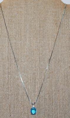 Oval Cut Sea Blue Stone with a Clear Stone on Top PENDANT (½" x ¼") and Double Hooks on a Silver Tone Necklace Chain 17" L