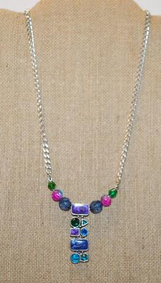 Colorful "Stained Glass" Styled Necklace (2½") on a Silver Tone Necklace Chain 15" L