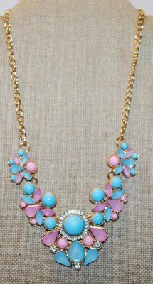 Large Swag Style Necklace (4½" x 2½") with Pink & Blue Stones on a Gold Tone Necklace Chain 14" L
