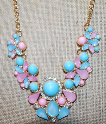 Large Swag Style Necklace (4½" x 2½") with Pink & Blue Stones on a Gold Tone Necklace Chain 14" L