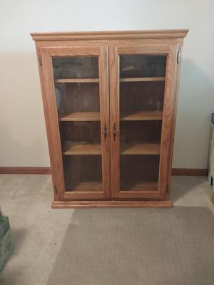 Oak Four Shelf Double Door Display Cabinet