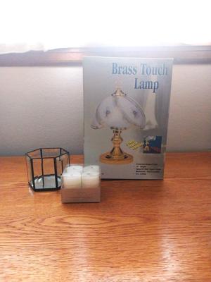 (NIB) Brass Touch Lamp and Glass candle Holder & Candles