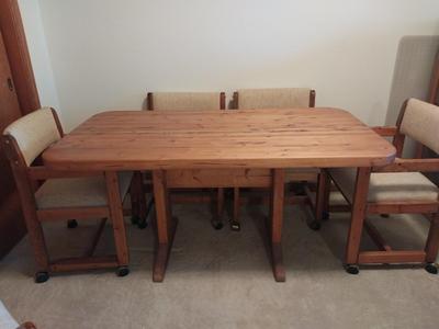 Butcher Block Table and Six Upholster Chairs on Castors