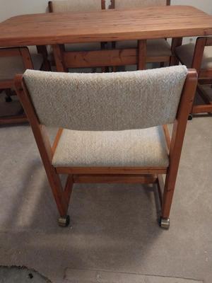 Butcher Block Table and Six Upholster Chairs on Castors