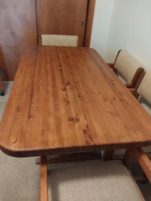 Butcher Block Table and Six Upholster Chairs on Castors