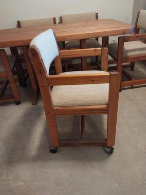 Butcher Block Table and Six Upholster Chairs on Castors