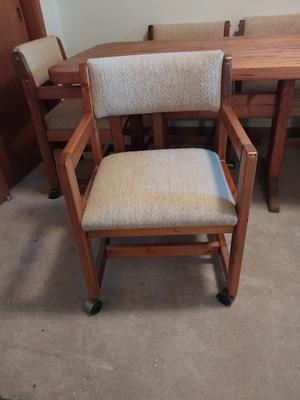 Butcher Block Table and Six Upholster Chairs on Castors
