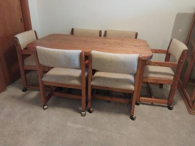 Butcher Block Table and Six Upholster Chairs on Castors