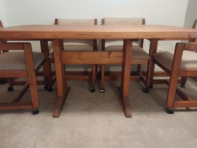 Butcher Block Table and Six Upholster Chairs on Castors
