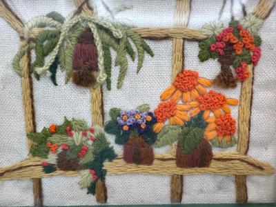 Framed Crewel Embroidery of Gardens