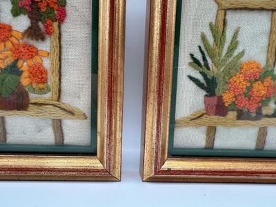 Framed Crewel Embroidery of Gardens