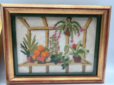 Framed Crewel Embroidery of Gardens