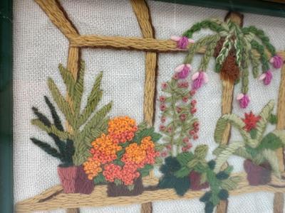 Framed Crewel Embroidery of Gardens