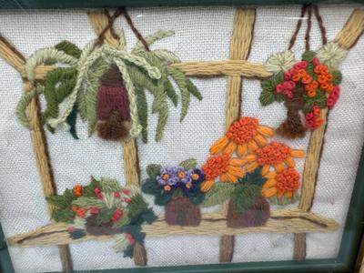 Framed Crewel Embroidery of Gardens