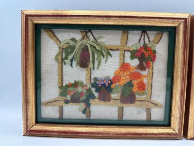 Framed Crewel Embroidery of Gardens