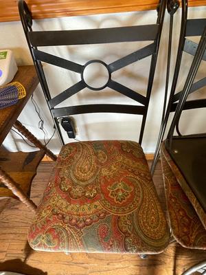 BEVELED GLASS TABLE WITH FOUR IRON CHAIRS