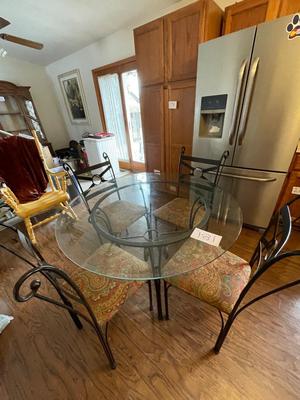 BEVELED GLASS TABLE WITH FOUR IRON CHAIRS
