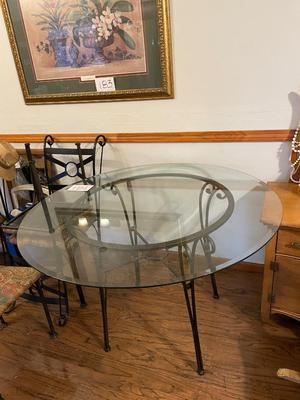BEVELED GLASS TABLE WITH FOUR IRON CHAIRS