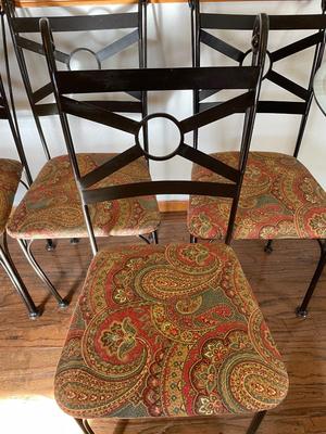 BEVELED GLASS TABLE WITH FOUR IRON CHAIRS