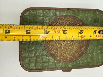 Mexican Brass and Stone Box with Aztec Calendar Medallion