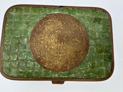 Mexican Brass and Stone Box with Aztec Calendar Medallion