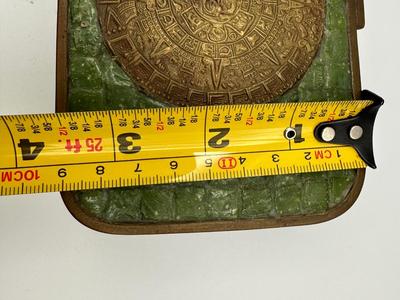 Mexican Brass and Stone Box with Aztec Calendar Medallion