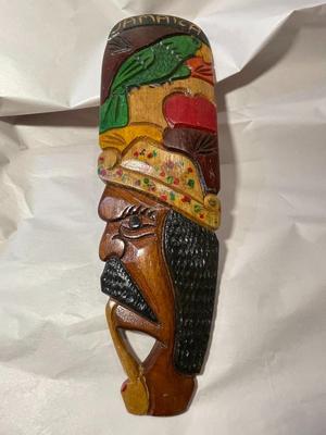 Vintage Jamaican Wooden Wall Hanger Hand Carved 16" Long in Good Preowned Condition as Pictured.