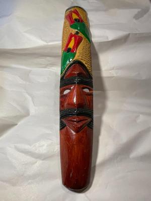 Vintage Jamaican Wooden Mask Wall Hanger Hand Carved 20.5" Long in Good Preowned Condition as Pictured.